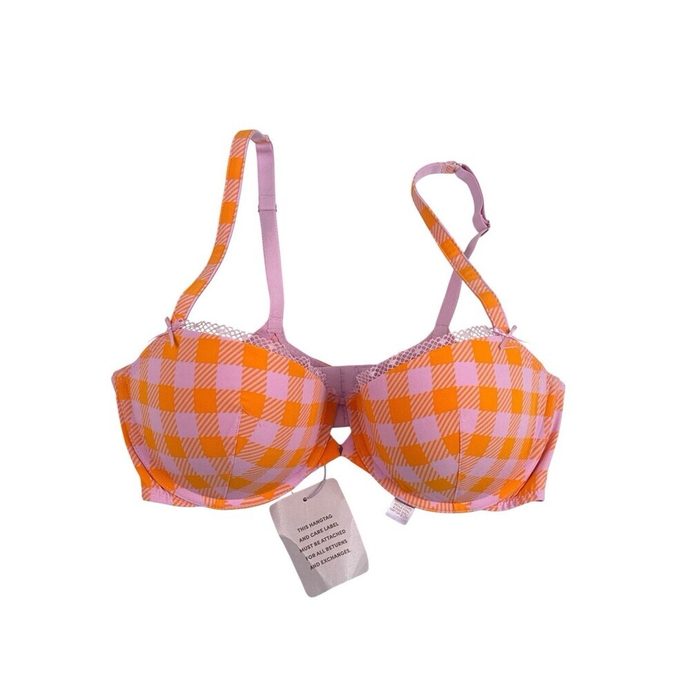 Savage X Fenty Gingham Remix Balconette Bra 36DD Pink Orange Plaid NWT